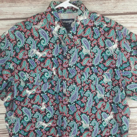 Wrangler 16 1/2 X-Long Tails Vtg Paisley/Horse Print Button Down Western Shirt - Picture 2 of 9